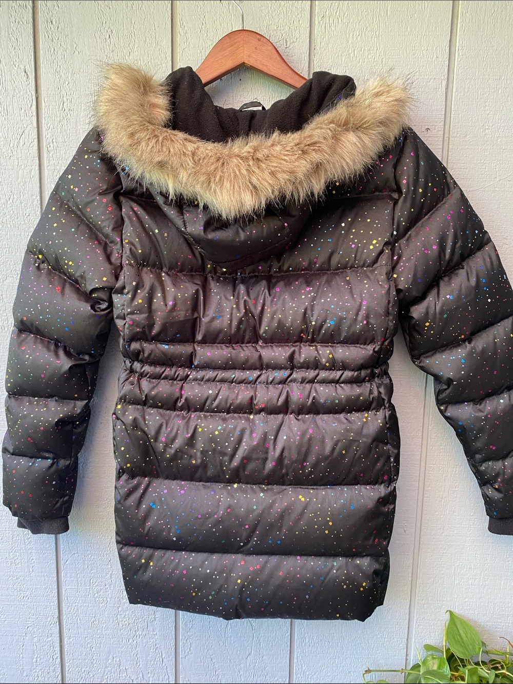 Eddie Bauer Black Down Puffer Coat with Faux Fur Hood and Multicolor Speckle - Picture 5 of 6